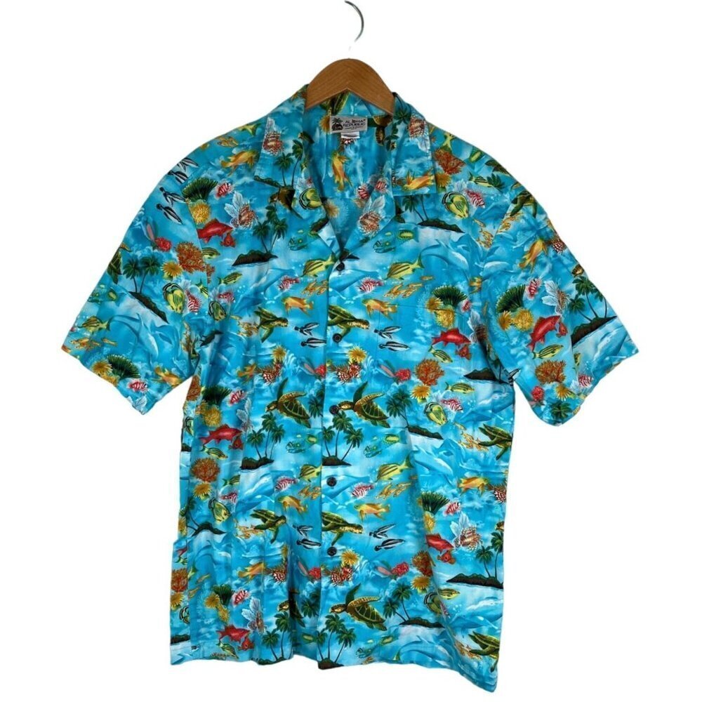 Aloha Republic Mens Size L Hawaiian Shirt Blue Sea Turtle Fish Surfer Cotton S/S